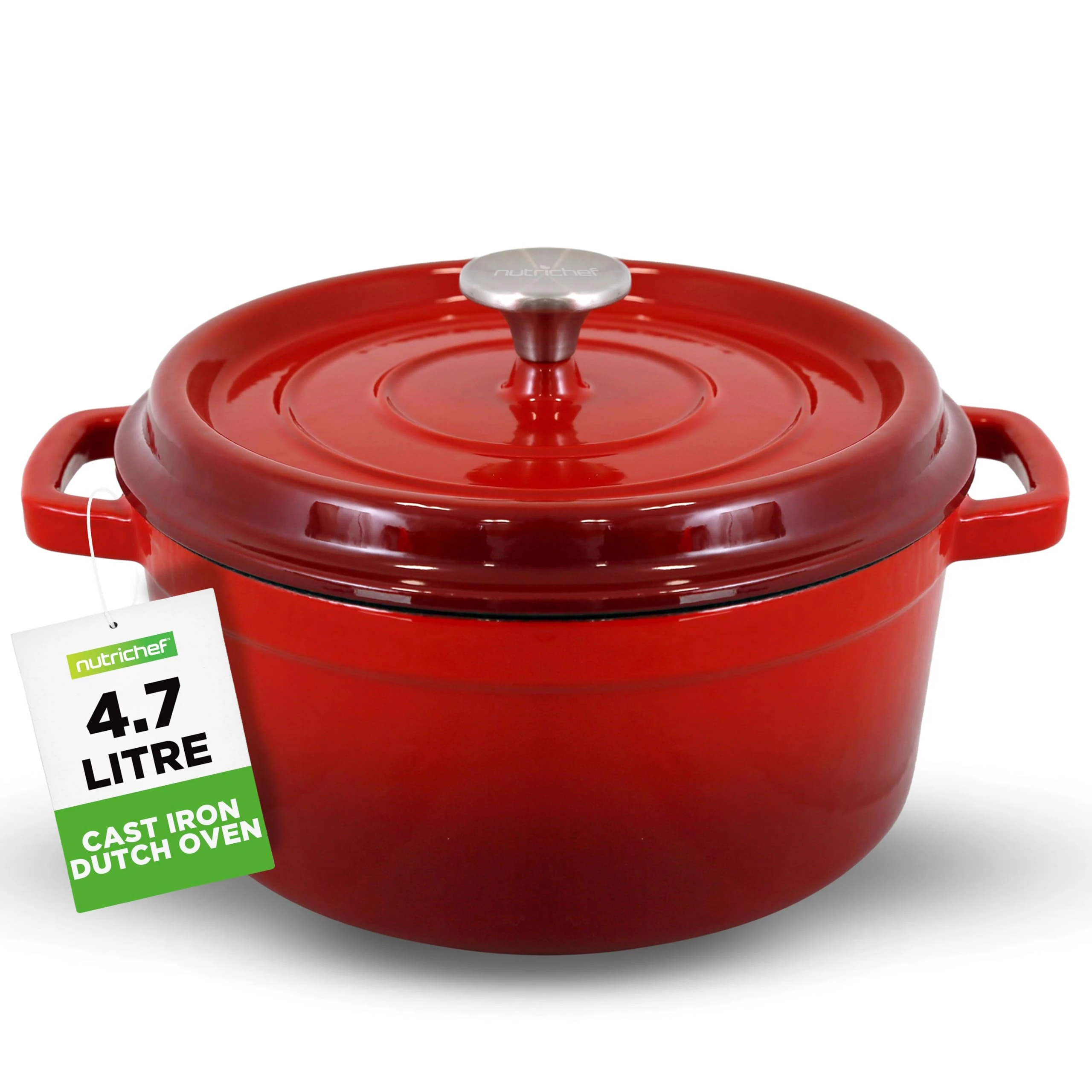 NutriChef Enameled Cast Iron Dutch Oven-5-Quart Kitchen Round Dutch Oven Stovetop Casserole Cookware, Porcelain Enamel Coated Cast-Iron Baking Pots w/Self Basting Lid-NCCIEC45(Red),Medium