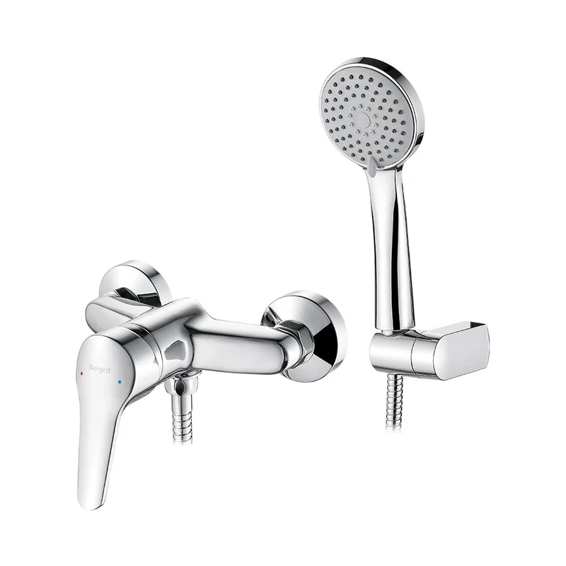 Ibergrif Roma - Shower Mixer Tap with Hose, Wall Mounted Handheld Shower and Holder, Chrome
