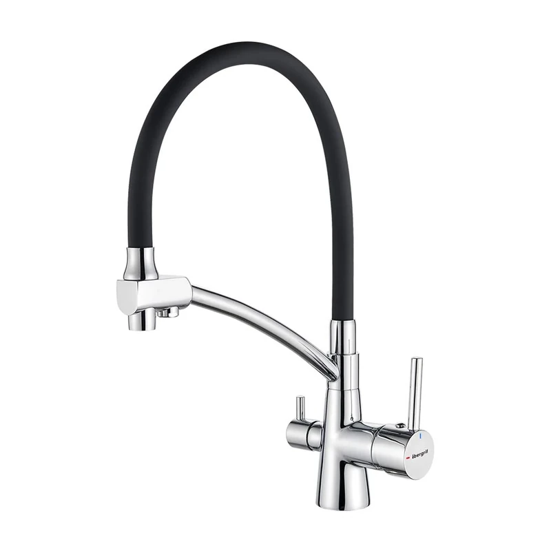Ibergrif, Black Kitchen Tap with Flexible Spout, 3 in 1 Sprayer for Sink Mixer, Chrome