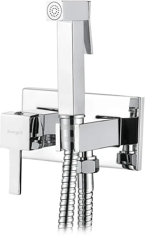 Ibergrif M22011 Square Concealed Shower Mixer Set, Hot and Cold Bidet Spray with Shattaf Sprayer, Hose Pipe, Chrome, Silver