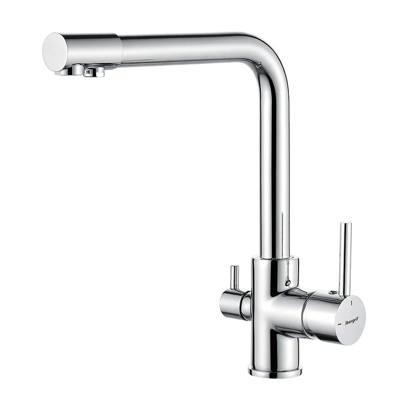 Ibergrif M22109 3 Way Water Filter Tap, Kitchen Drinking Taps Sink Mixer Brass Swivel Spout with 2 Handles, Hot, Cold and Filter Tap for Kitchen, G3/8" Hose, 360° Swivel, Chrome [Energy Class A++]