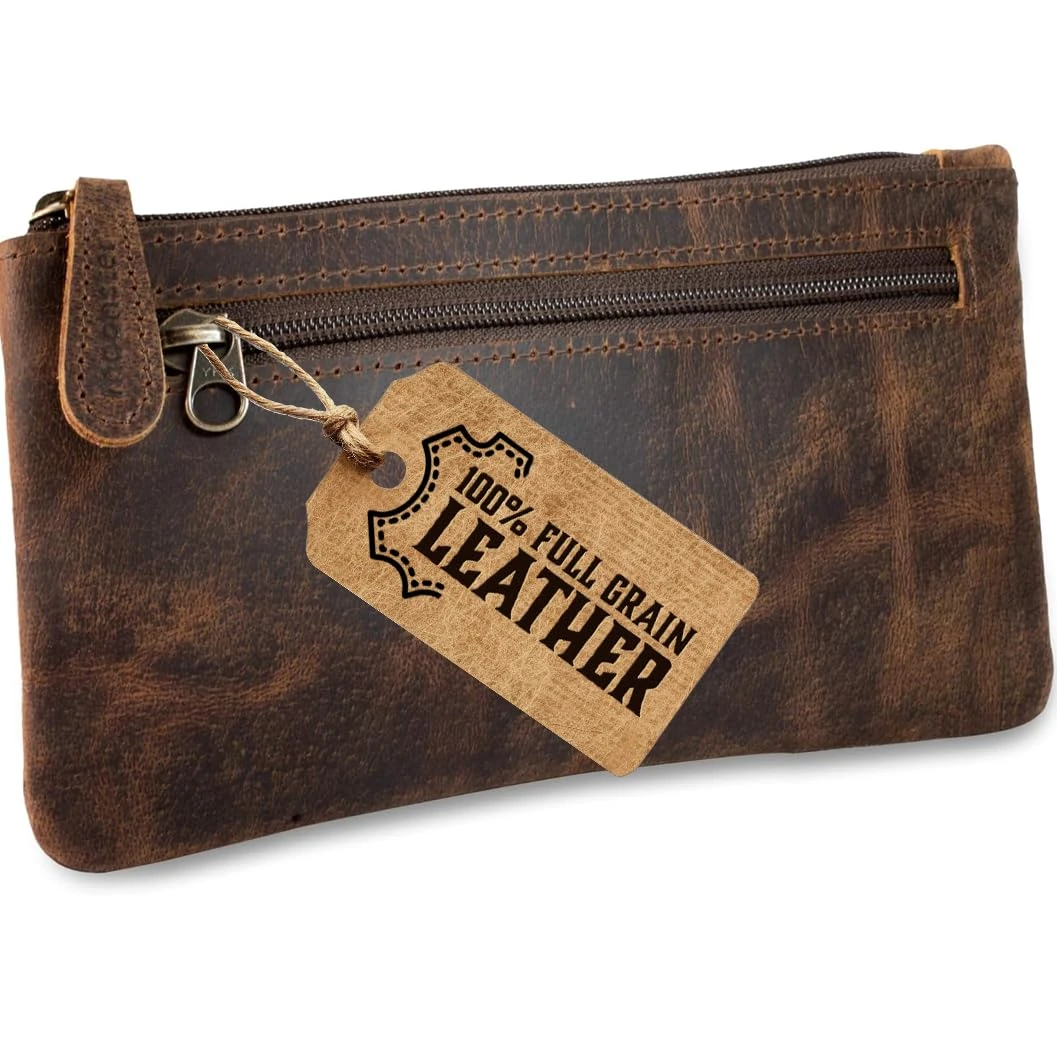 moonster Leather Pencil Case Pouch, Handcrafted Leather Pen Case with Zipper That’s Made to Last - Elegant & Practical Brown Leather Pencil Cases for Adults, Unique 20x10cm Design with Side Pocket