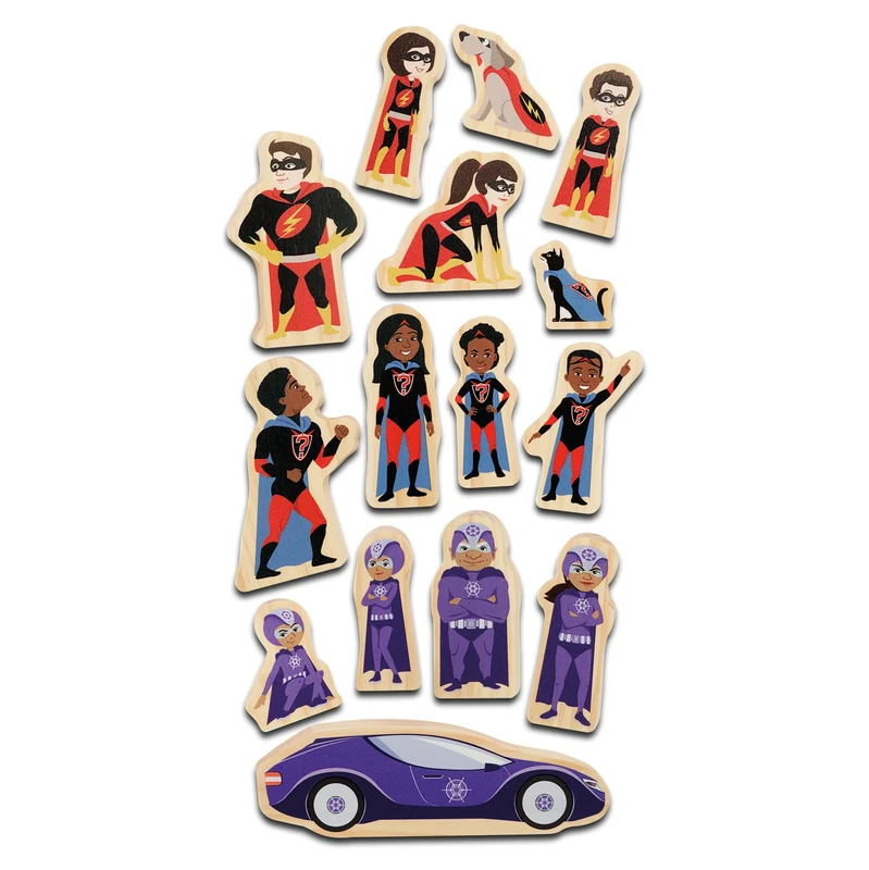 Yellow Door Superhero Wooden Characters | Set of 15 double-sided figures for small world pretend play | Early educational learning toys for imaginary play for kids age 2,3,4,5 | Storytelling