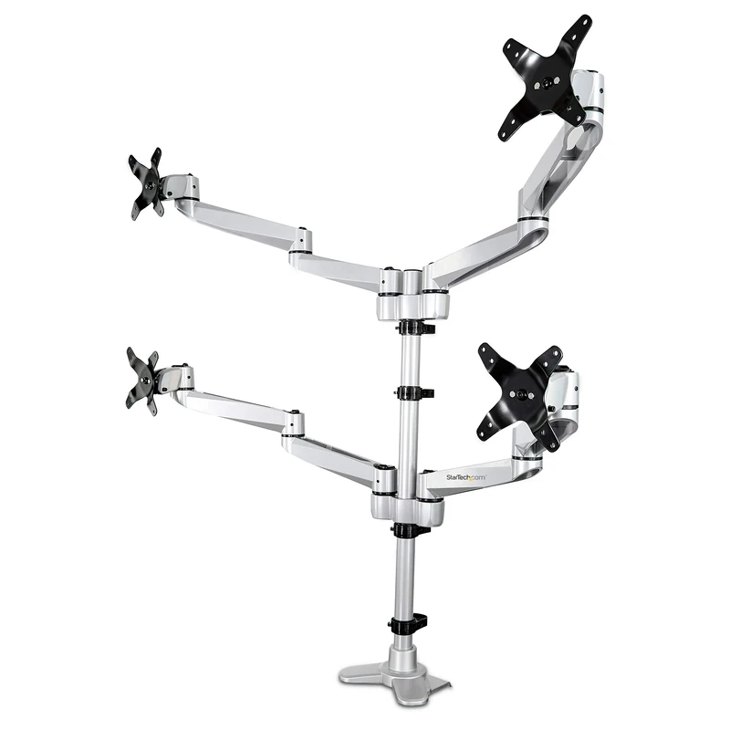 StarTech.com Desk Mount Quad Monitor Arm – Premium Articulating VESA 4 Monitor Mount 2x2 up to 27" – Ergonomic Height Adjustable Pole Mount - Tilt/Swivel/Rotate - C-Clamp/Grommet - Silver (ARMQUADPS)