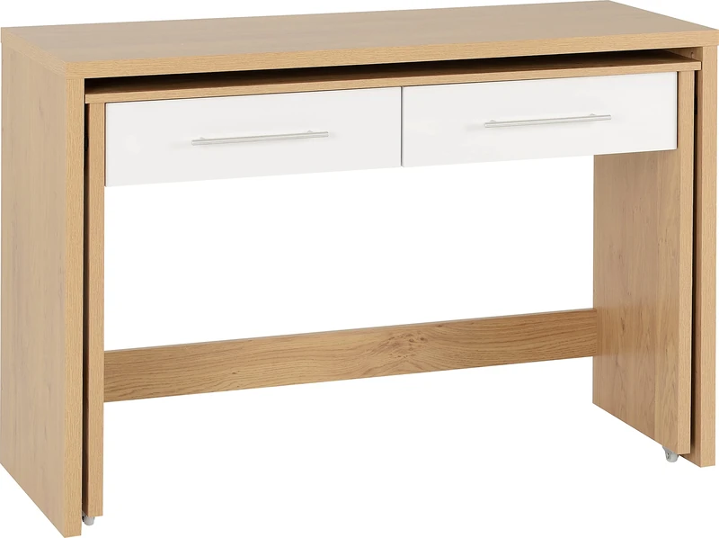 Seconique Seville 2 Drawer Slider Desk in White Gloss/Light Oak Effect Veneer