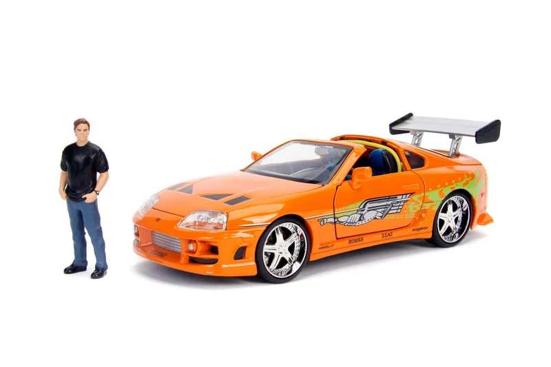 Jada Toys - Fast and Furious Model Car Toyota Supra & Brian - Car Model 1995 Toyota Supra Mk4 1:24 Orange with Brian O'Conner Figure, Vehicle with Spoiler, Opening Parts & Removable Roof