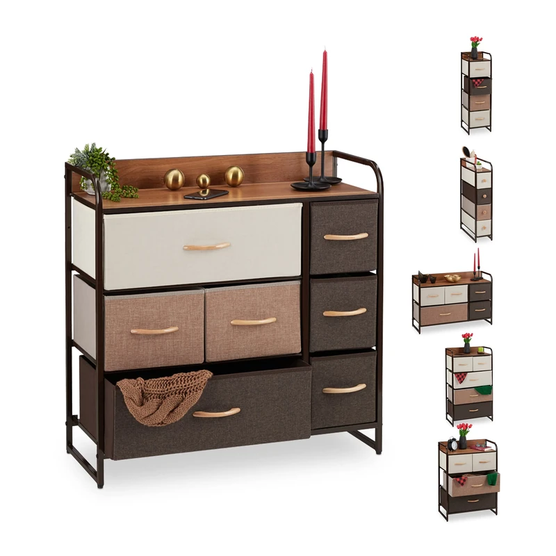 Relaxdays Dresser, 7 Drawer Compartments, with Shelf, 7 Folding Baskets, Fabric, Steel Frame, 79x80x31.5 cm, Brown