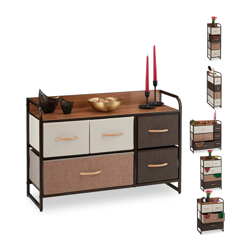 Relaxdays Dresser, 5 Drawer Compartments, with Shelf, 5 Folding Baskets, Fabric, Steel Frame, 58x87.5x31.5 cm, Brown