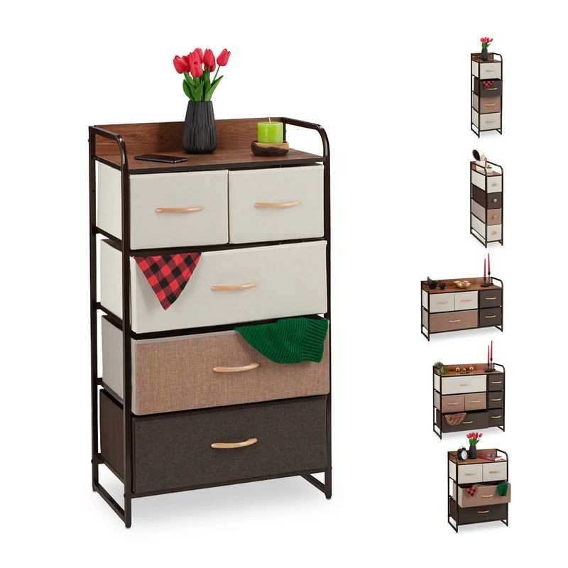 Relaxdays Dresser, 5 Drawer Compartments, with Shelf, 5 Folding Baskets, Fabric, Steel Frame, 100x58x31.5 cm, Brown