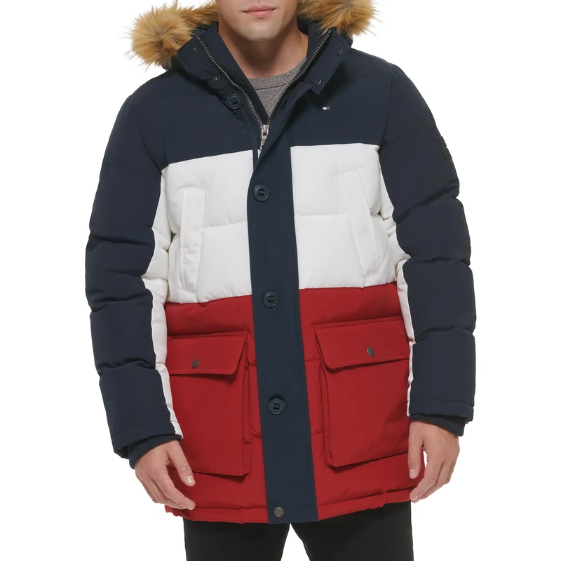 Tommy Hilfiger Men's Arctic Cloth Heavyweight Parka - Navy/White/Red, M