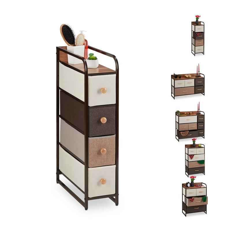Relaxdays Dresser, 4 Drawer Compartments, with Shelf, 4 Folding Baskets, Fabric, Steel Frame, 84.5x20x49.5 cm, Brown