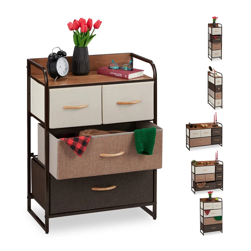 Relaxdays Dresser, 4 Drawer Compartments, with Shelf, 4 Folding Baskets, Fabric, Steel Frame, 79x58x31.5 cm, Brown