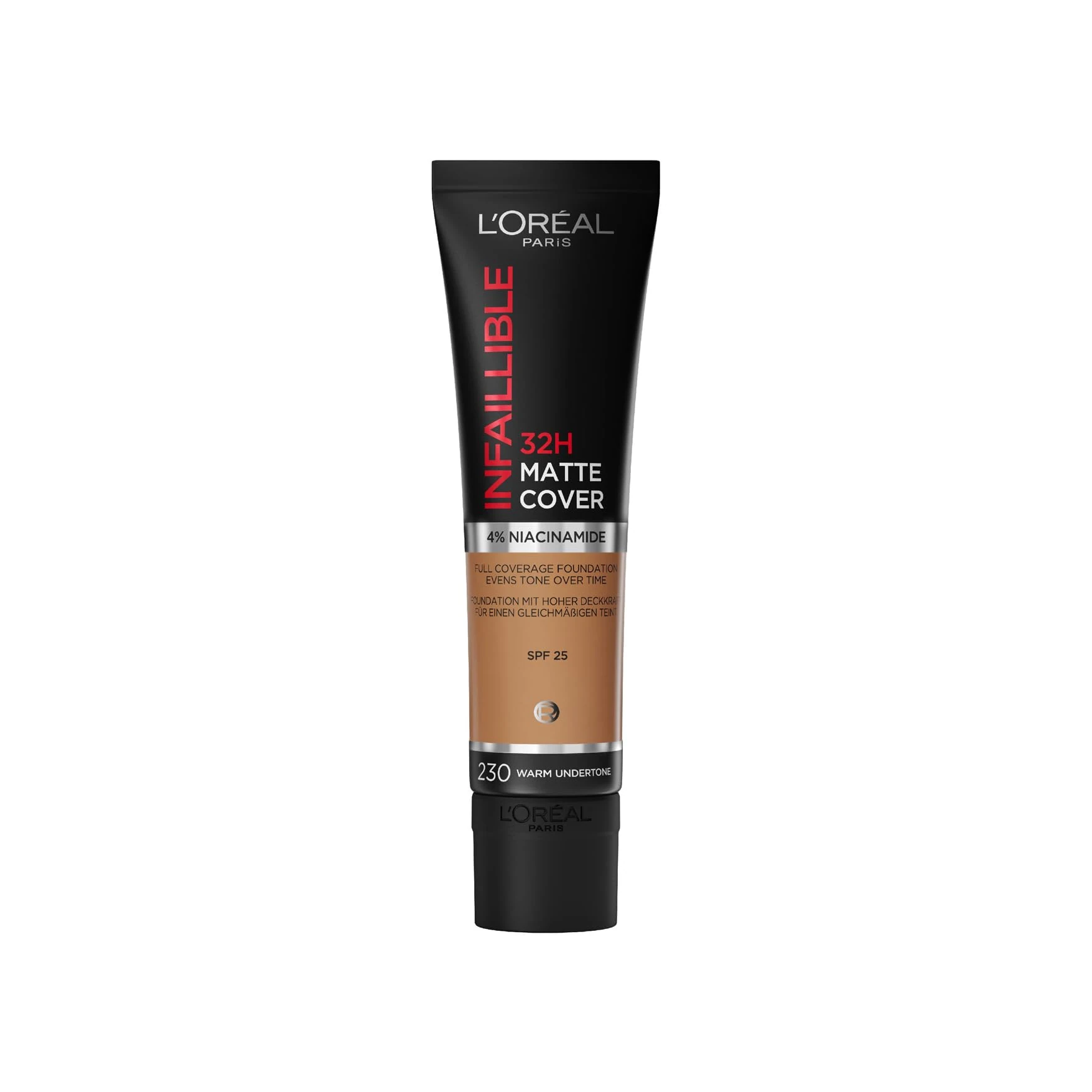 L'Oreal Paris Cover Liquid Foundation, With 4% Niacinamide, Long Lasting, Natural Finish, Available in 20 Shades, SPF 25, Infallible 32H Matte Cover, Shade 230, 30ml