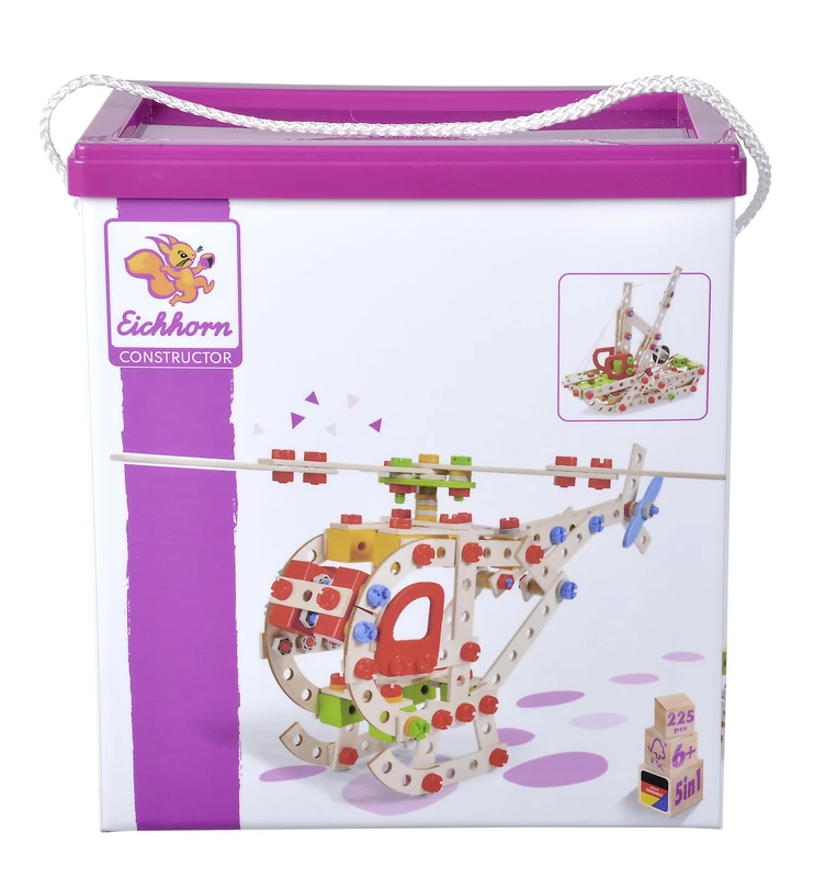 Eichhorn 100039098 5 Model Variants: Helicopter, Fighter Jet, Trawler, Water Plane, 225 Pieces, FSC 100%, Beech Wood, Plastic, BSK with Cord, 6J+ Made in Germany, Colourful