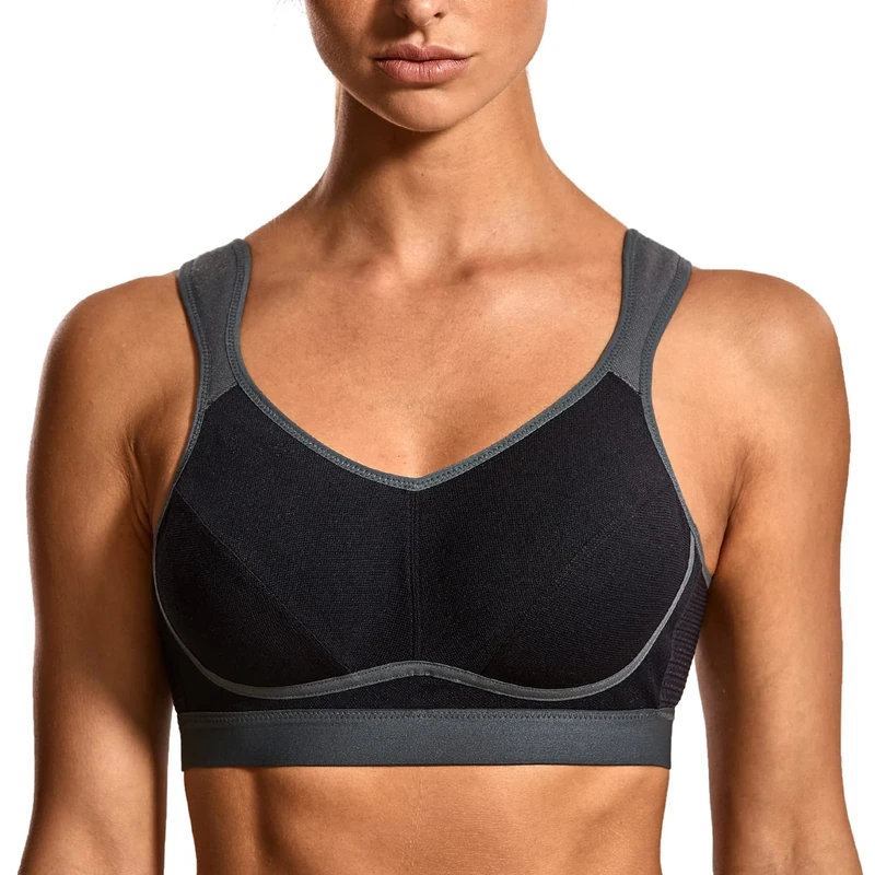 SYROKAN Women's Comfort Sports Bra High Impact for Large Breasts Wireless Stretch Support Bounce Control Black/Grey-1 36C