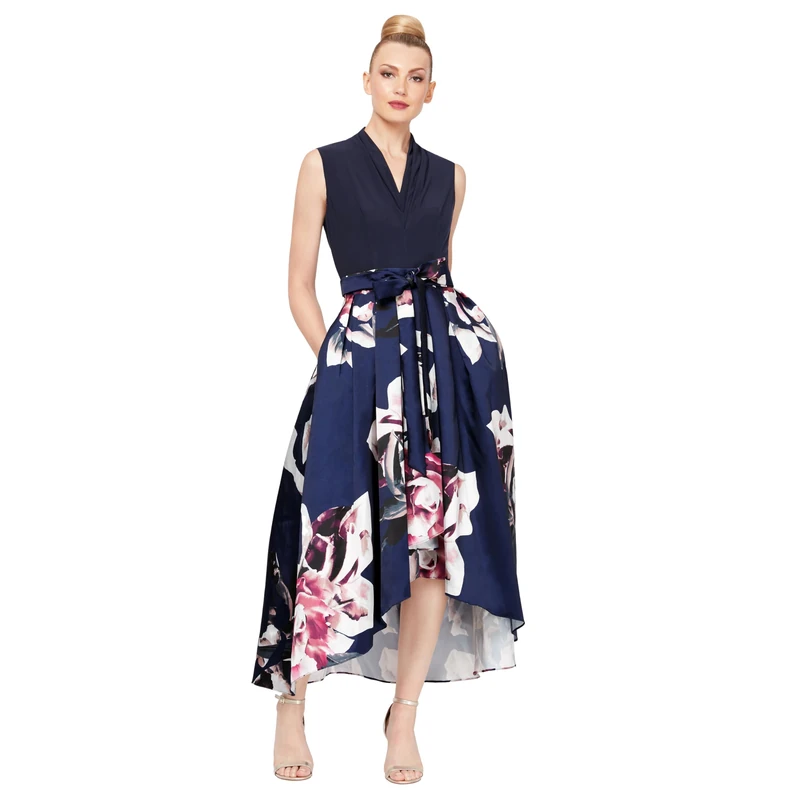 S.L. Fashions Women's Sleeveless Jersey V-Neck Hi-lo Floral Dress with Pockets Special Occasion, Navy Multi, 10