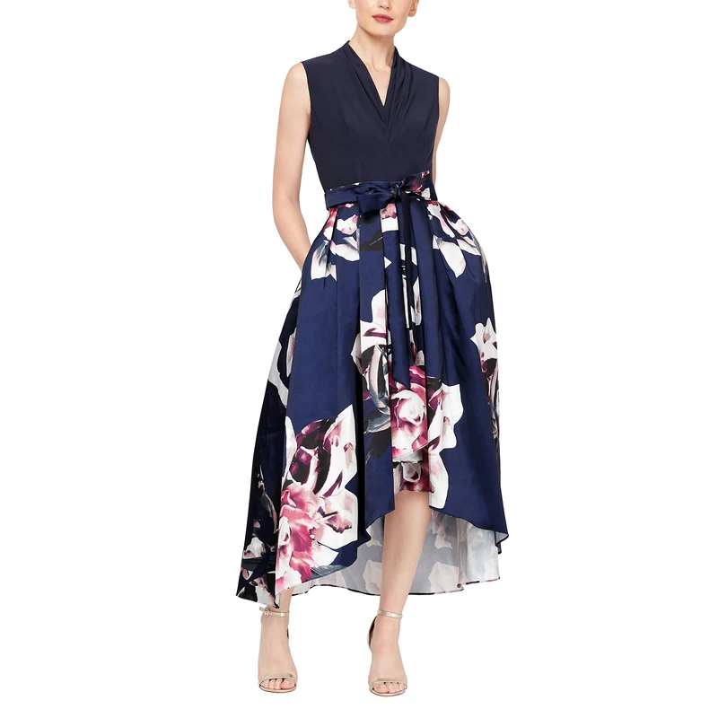 S.L. Fashions Women's Floral High-Low Gown with Pockets and Stretch Bodice, Wedding Guest Dress (Petite and Regular Sizes) Special Occasion, Navy Multi, 18