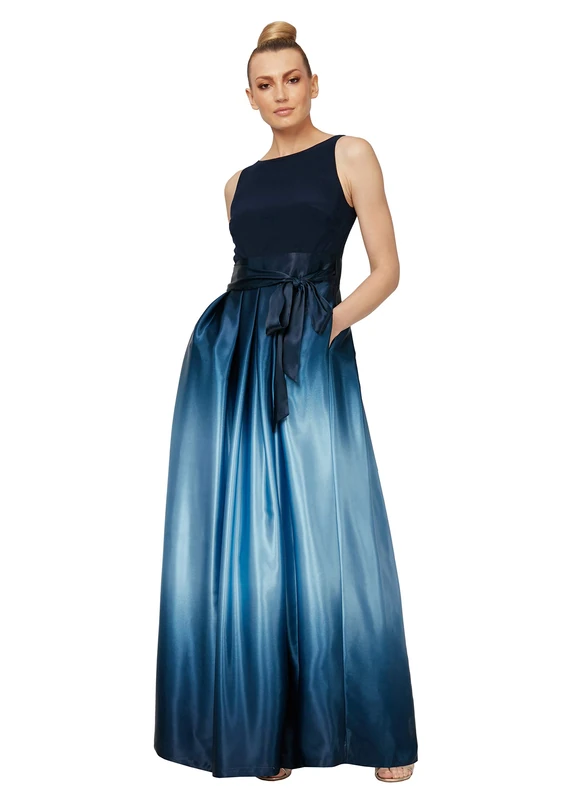 S.L. Fashions Women's Long Satin Party Dress 3/4 Sleeve and Sleeveless has Pockets Special Occasion, Navy/Wedgewood, 16