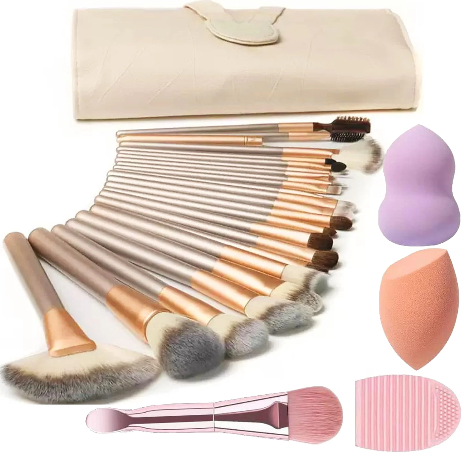 Makeup Brush Sets, NEVSETPO 28PCS Synthetic Makeup Kits Include 24 Makeup Brushes,2 Beauty Blenders, 1 Dual End Masks Spatula, 1 Brush Set Cleaning Mat, Travel-Friendly Makeup Case, Champagne