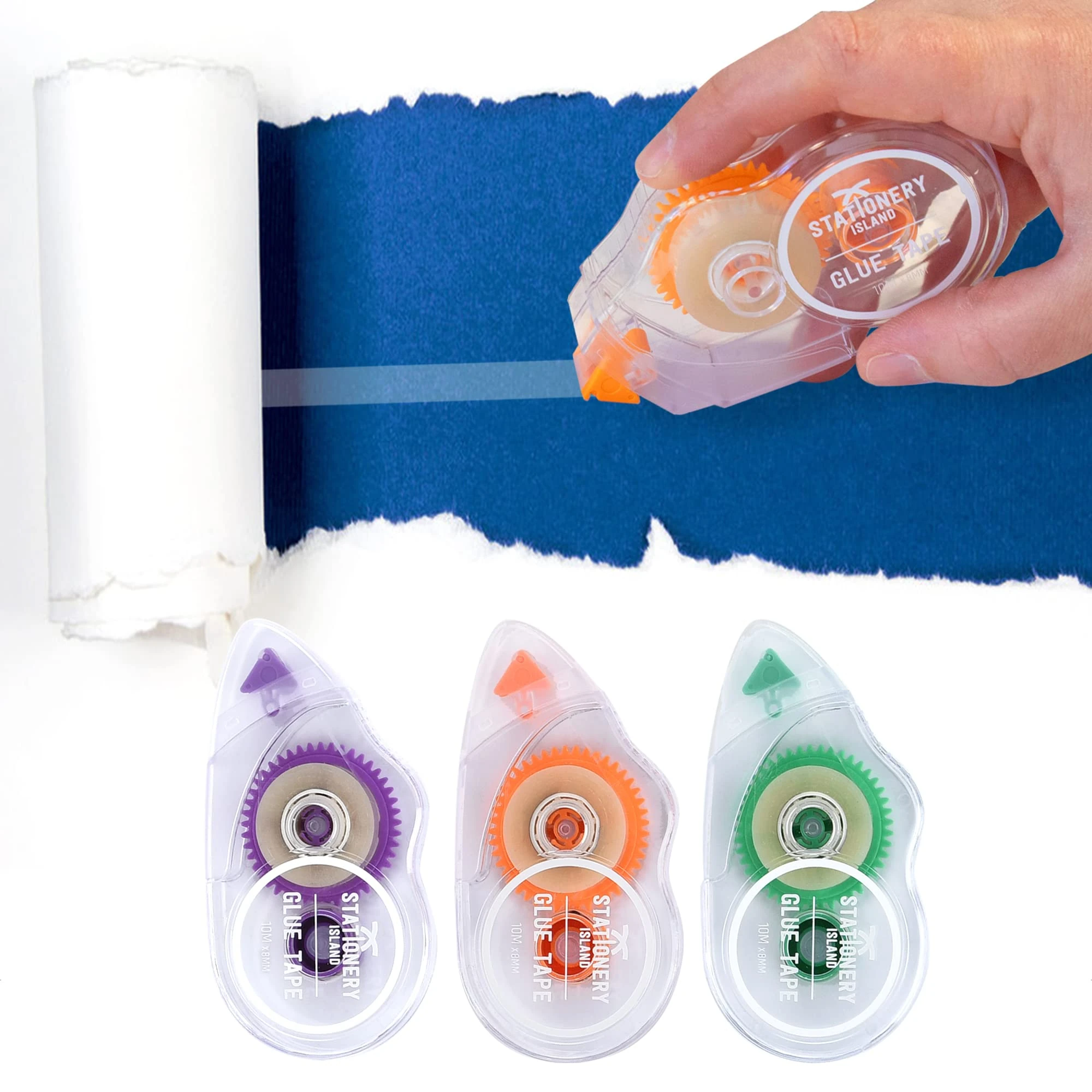 STATIONERY ISLAND Glue Tape Roller 3Pcs, 10mx8mm Double Sided Tape Dispenser, Adhesive Glue Roller Tape for Scrapbook Supplies, Cards, Photo, Journaling and Crafting, Christmas Gifts Wrapping