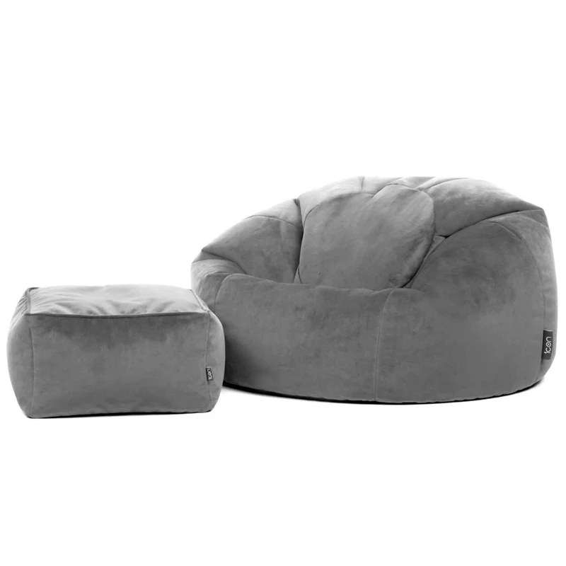 icon Kingston Velvet Bean Bag with Footstool, Charcoal Grey, Large Adult Bean Bag Chair with Filling Included, Accent Chair, Pouffe Footstool, Living Room, Living Room Furniture, Bedroom Furniture