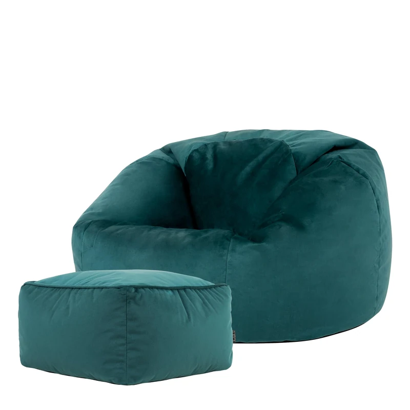 icon Kingston Velvet Bean Bag with Footstool, Teal Green, Large Adult Bean Bag Chair with Filling Included, Accent Chair, Pouffe Footstool, Living Room, Living Room Furniture, Bedroom Furniture