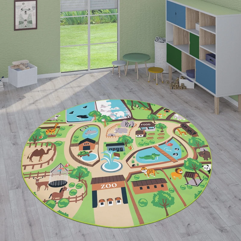 Paco Home Kids Rug, Play Mat Playroom Rug, Animals Roads Cars Maps Treasure Hunt Pirates, Size:Ø 200 cm round, Colour:Beige
