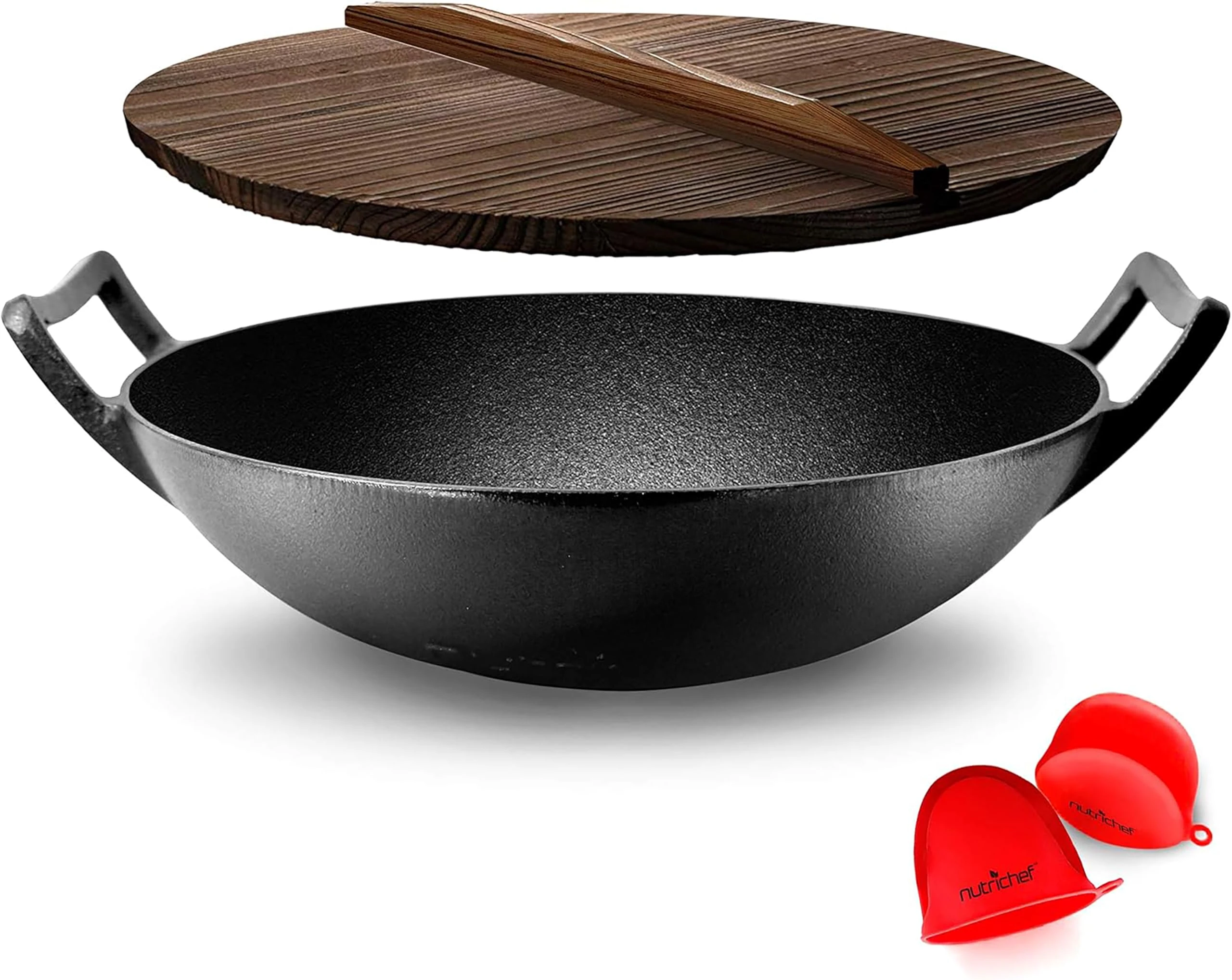 Nutrichef Pre-Seasoned Cast Pan-5.5L Heavy Duty Non-Stick Iron Chinese Wok or Stir Fry Skillet w/Wooden Lid, for Electric Stove Top, Induction, Large, Black