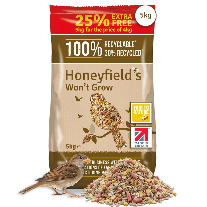 No Grow Bird Seed Mix for Wild Birds - Wild Bird Food for Small Birds for Patios and Non-Grass Areas, Kibbled Sunflower Hearts, Kibbled Peanuts, Ground Feeding and Bird Tables (5kg) - Honeyfield’s