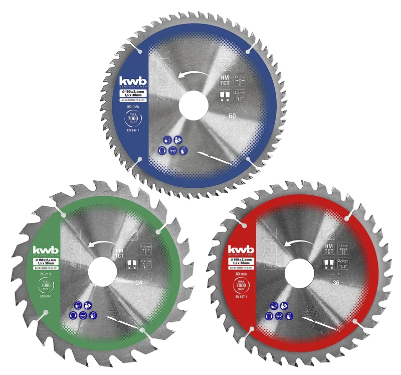 kwb 3-Piece Circular Saw Blade Set 250 x 30/25 / 16 mm for Circular Hand Saws and Table Saws, Multi-Cut Blades