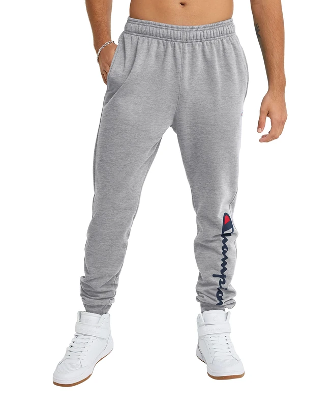 Champion Men's Powerblend Sweatpants, Oxford Gray - 15 Script Low Leg, S
