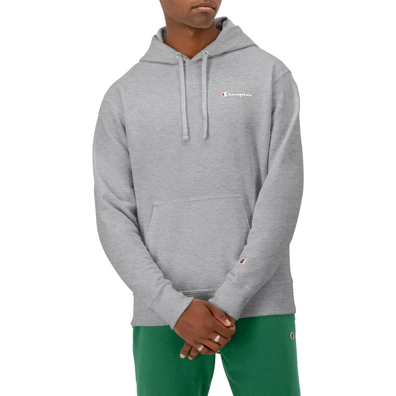 Champion Men's Powerblend Hooded Sweatshirt, Oxford Gray-Left Chest Script, Medium