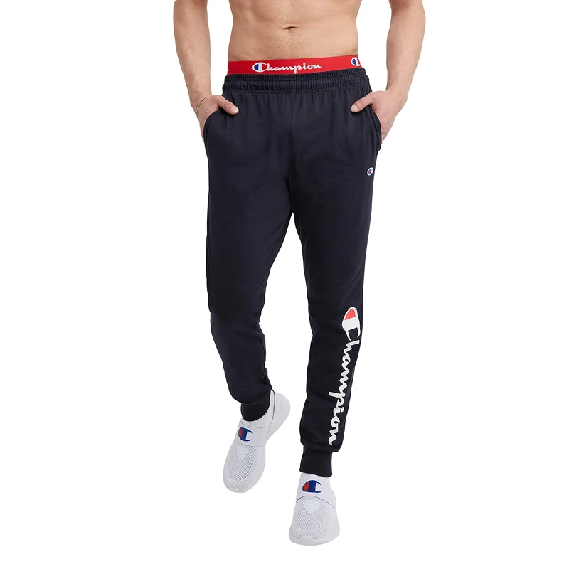 Champion Men's Joggers, Lightweight Lounge, Jersey Graphic Pants, 31" Sweatpants, Navy Script, Small