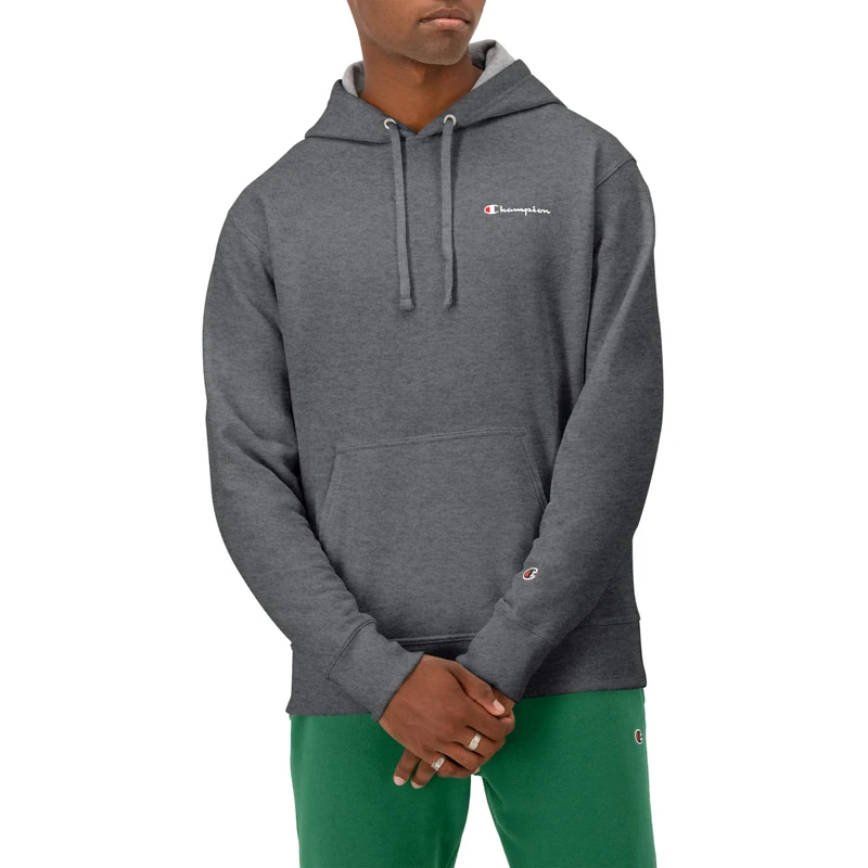 Champion Men's, Powerblend, Fleece Hoodie, Comfortable Sweatshirt, Logo (Reg. Or Big & Tall), Granite Heather Small Script, M