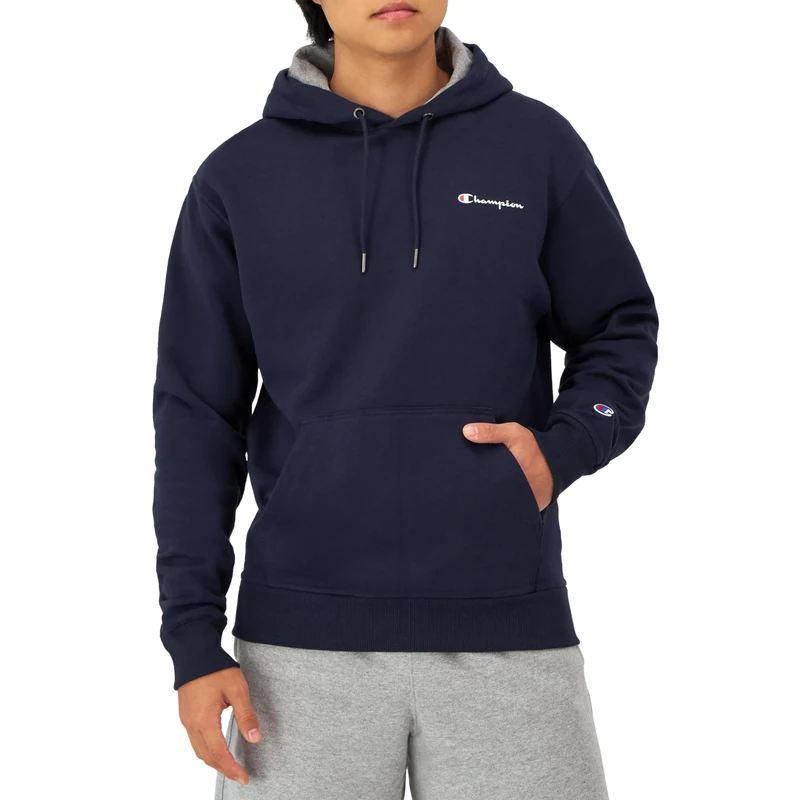 Champion Men's, Powerblend, Fleece Hoodie, Comfortable Sweatshirt, Logo (Reg. Or Big & Tall) Hooded, Navy Small Script, XL