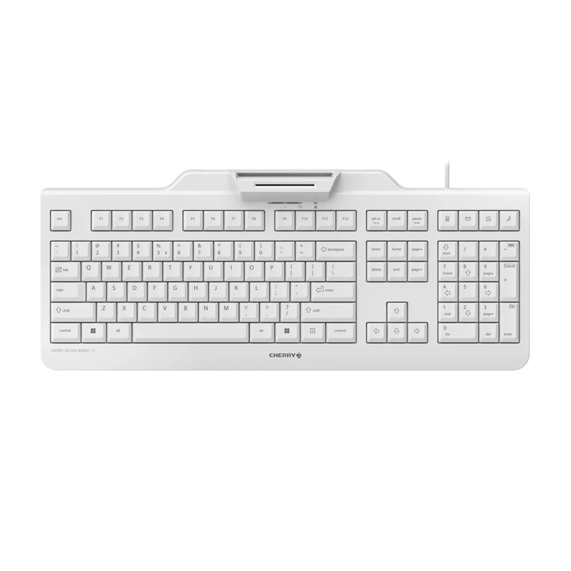CHERRY SECURE BOARD 1.0, Wired Security Keyboard with Card Reader and RFID/NFC Interface, UK Layout (QWERTY), USB-A Port, White-Grey
