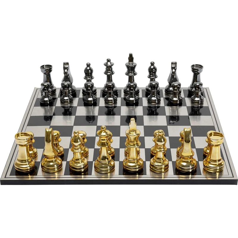 Kare Design Deco Object Chess, nickel/gold, chessboard with game pieces, metallic look, base: steel, MDF lacquered, object: polyresin, chess set for adults, 60x60x5cm (H/W/D)