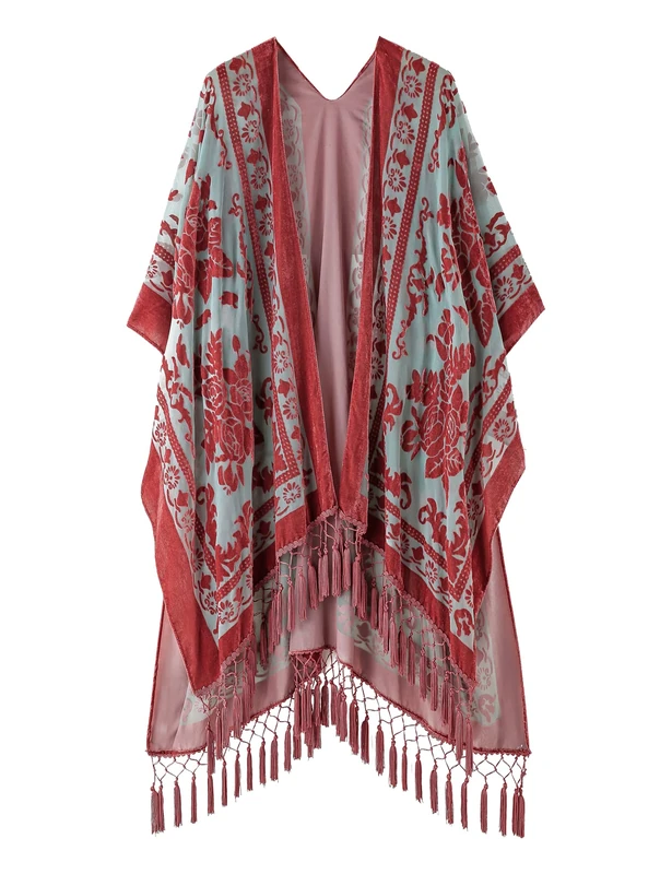MJ SERECA Women's Burnout Velvet Kimono Long Cardigan Cover Up with Tassel Rusty