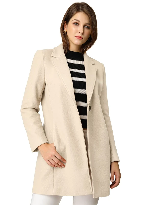 Allegra K Women's Winter Overcoat Notched Lapel Long Sleeve One Buttoned Mid-Length Long Coat, Beige, M