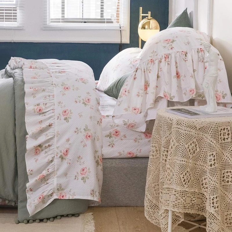 Queen's House Shabby Floral Bed Sheet Set 4-Piece Queen Size French Country Bed Sets