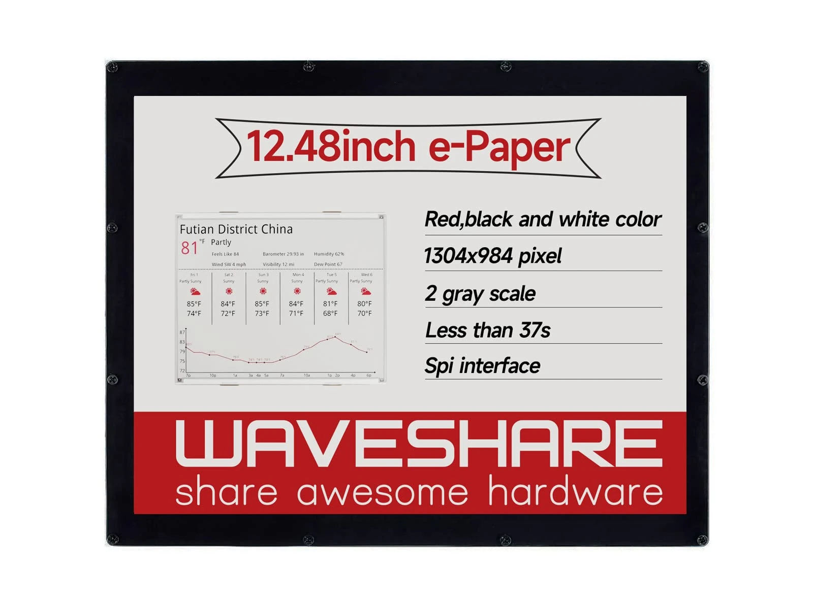 Waveshare E-Ink Display Module 12.48inch 1304×984 Resolution with Embedded Controller SPI Interface Supports Red Black and White Three-color for Shelf Label and Industrial Instrument