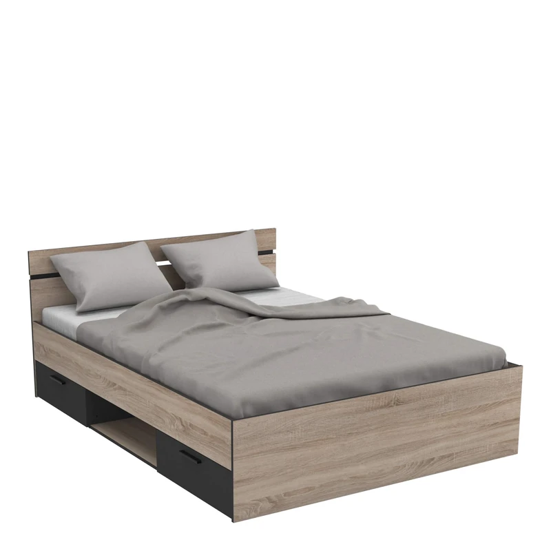 Demeyere Michigan Letto per Adulti con Contenitore, Stile Industriale, Pannello truciolato 15 e 18 mm, Rovere Spazzolato/Nero Opaco, 140 x190 cm