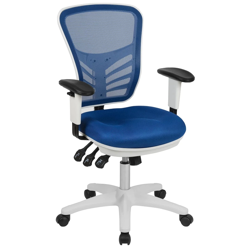 Flash Furniture Mid-Back Blue Mesh Multifunction Executive Swivel Ergonomic Office Chair with Adjustable Arms and White Frame