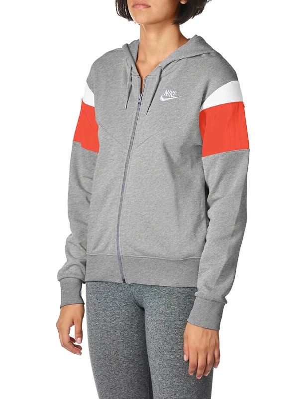 Nike Sportswear Heritage Hooded Sweatshirt Jacket - Dk Grey Heather/Track Red/White/Large - Image 1