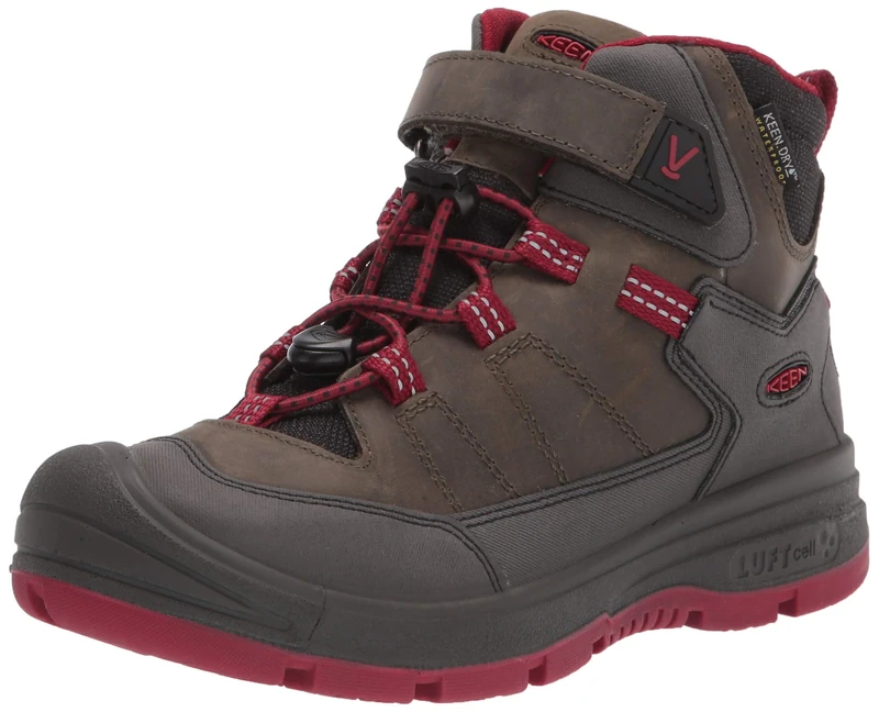 KEEN Little Kid's Redwood Mid Height Leather Waterproof Hiking Boot, Steel Grey/Red Dahlia, 10 LK (Little Kid's) UK