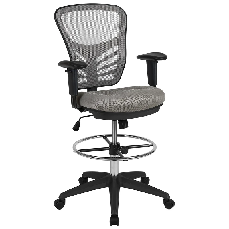 Flash Furniture Tyler Mid-Back Light Gray Mesh Ergonomic Drafting Chair with Adjustable Chrome Foot Ring, Adjustable Arms and Black Frame
