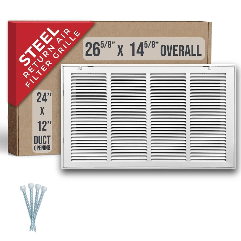Handua 24"W x 12"H [Duct Opening Size] Steel Return Air Filter Grille [Removable Door] for 1-inch Filters | Vent Cover Grill, White | Outer Dimensions: 26 5/8"W X 14 5/8"H for 24x12 Duct Opening