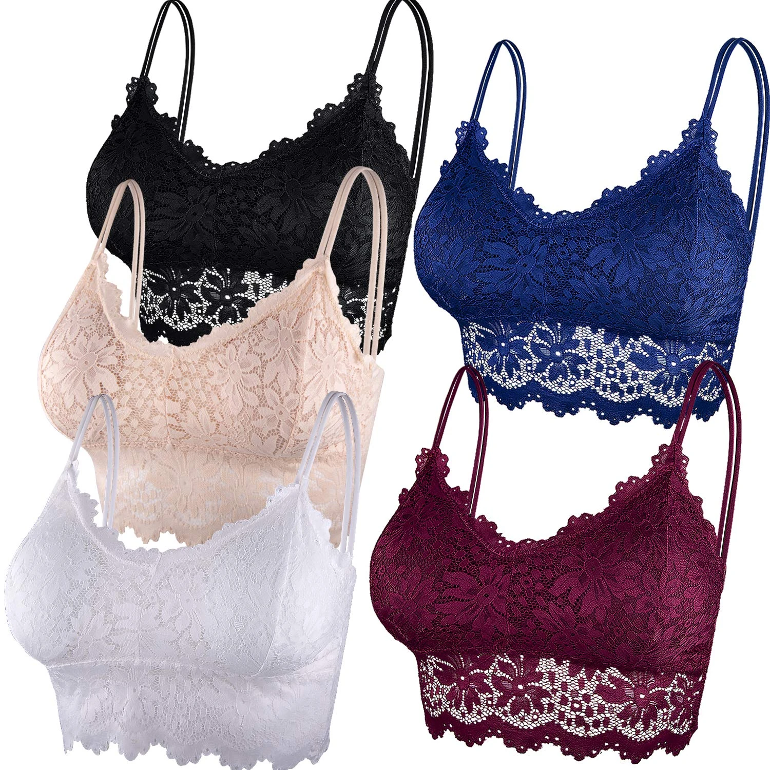 Duufin 5 Pieces Padded Lace Bralette Bandeau Tube Bra with Straps and Removable Pads for Women Girls, Red, Blue, Black, Beige, White, S-M