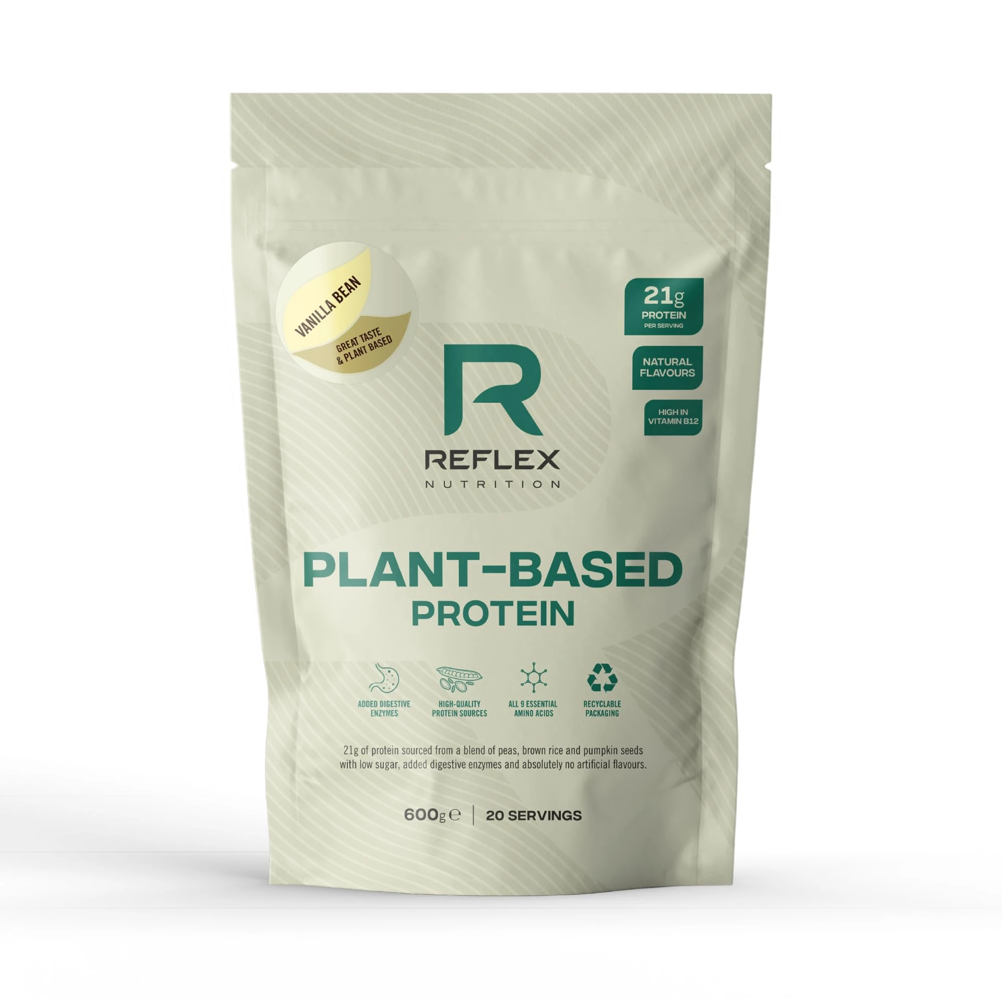 Reflex Nutrition Plant Based Protein - 21g Vegan Protein Powder (Pea Protein, Brown Rice Protein & Pumpkin Seeds) - Digestive Enzymes & Vitamin B12 - Natural Flavours (Vanilla Bean, 20 Servings)
