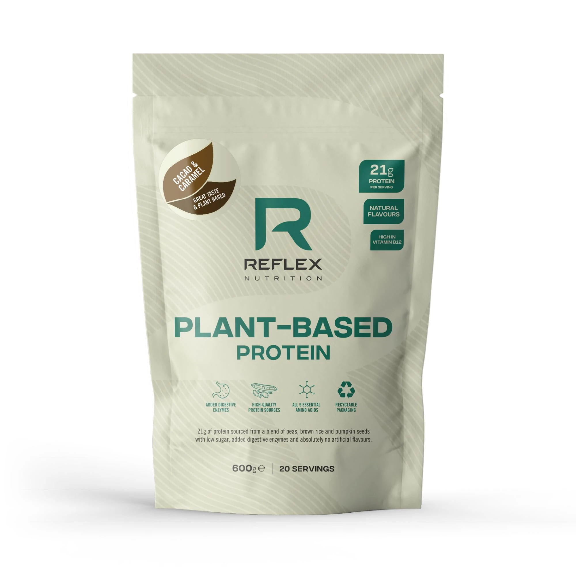 Reflex Nutrition Plant Based Protein - 21g Vegan Protein Powder (Pea Protein, Brown Rice Protein & Pumpkin Seeds) - Digestive Enzymes & Vitamin B12 - Natural Flavours (Cacao & Caramel, 20 Servings)